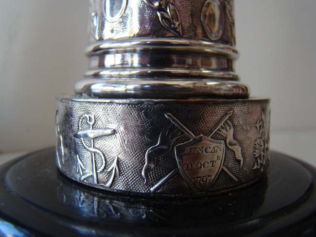A rare pair of English silver plated candlesticks circa 1798-1800 commemorating English naval victories. — image 3